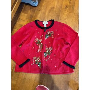 Vintage 2003 Tiara International Ugly Christmas Sweater XL Reindeer Lights Zip C